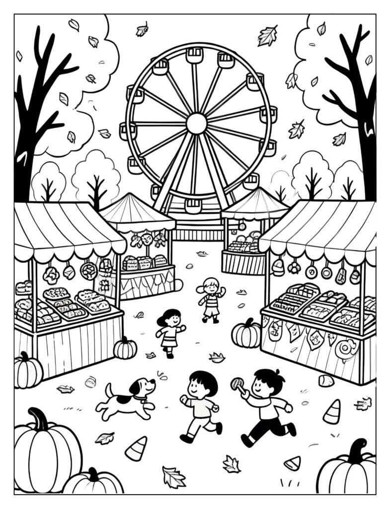 A fall festival with a Ferris wheel and people.