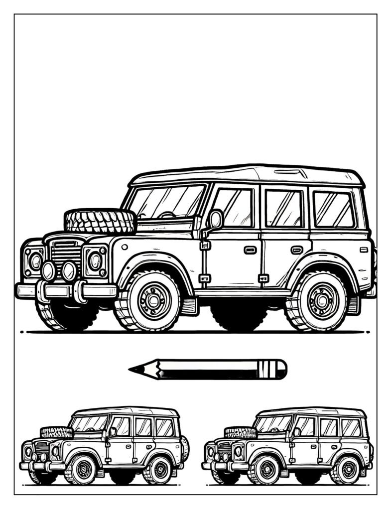 Highly imaginative line art of a unique, custom-designed fantasy car with non-traditional features.