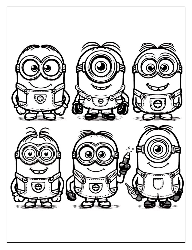 A black and white drawing showing Minions in an imaginative, fantasy-themed adventure, such as with dragons or castles, designed for coloring.