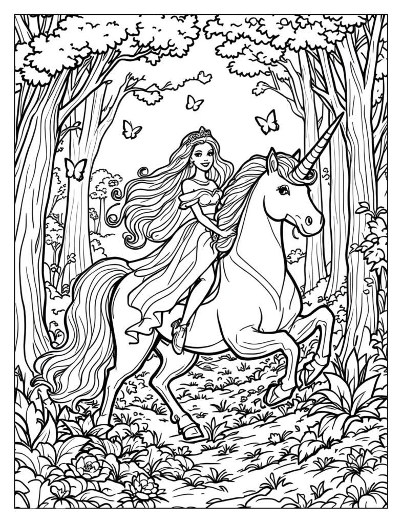Barbie dressed as a princess riding a beautiful unicorn through a magical forest.