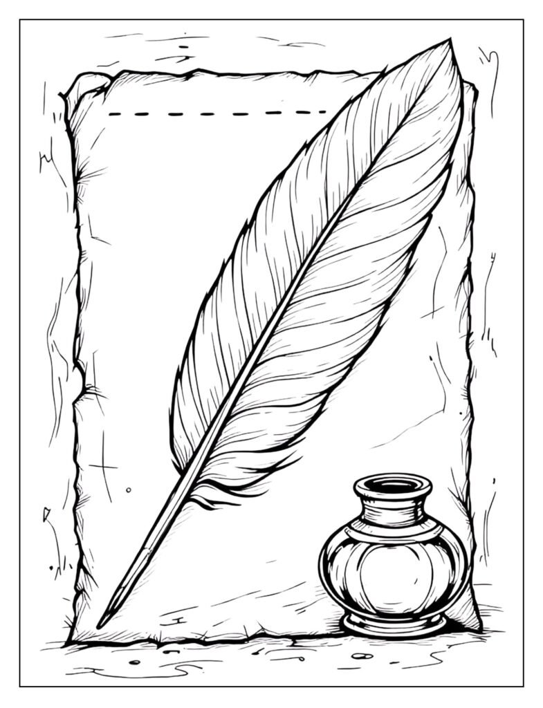 A long turkey feather sharpened into a quill pen, resting next to an ink pot and old paper.