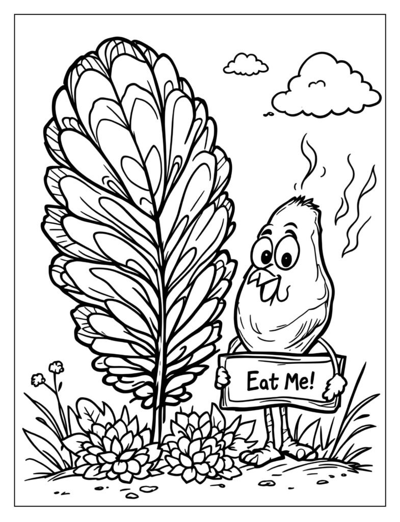 Humorous drawing of a turkey tail feather next to a cooked turkey drumstick.