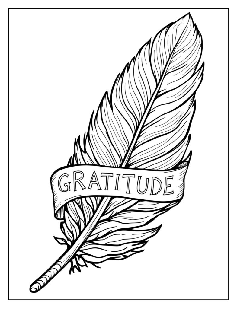 A large, simple turkey feather with a banner wrapped around its quill with the word "GRATITUDE."