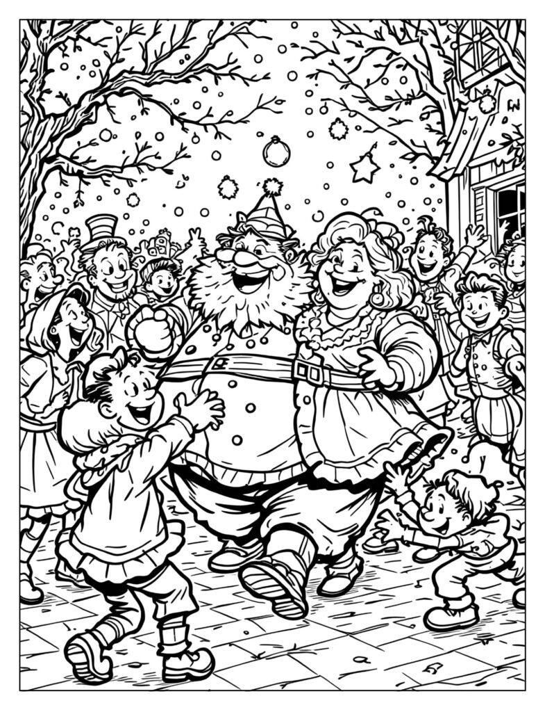 Lively scene showing Mr. Fezziwig dancing happily with his wife and young apprentices during a Christmas party.
