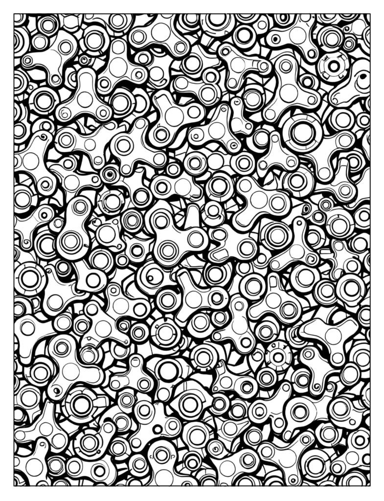 A page filled with a dense, repeating pattern of various small fidget spinners.
