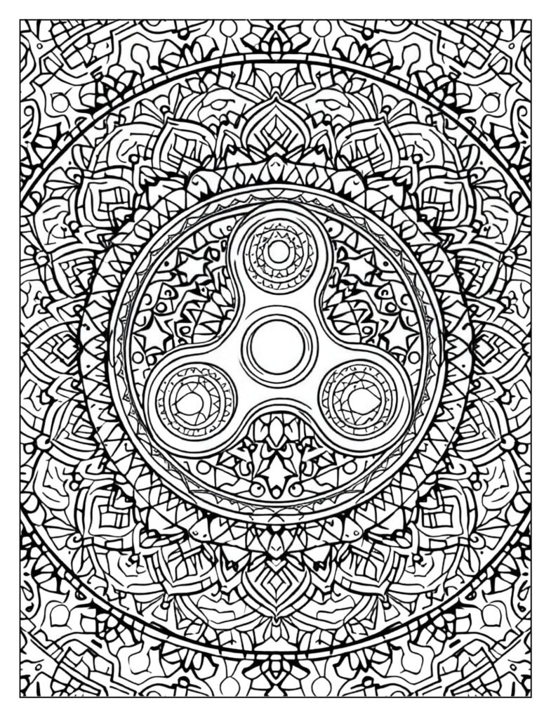 Symmetrical, circular Mandala design built around the three-arm shape of a fidget spinner.
