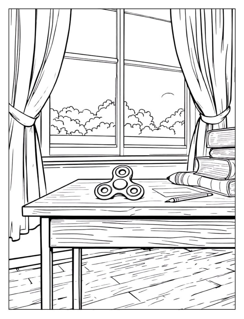 Fidget spinner resting on a desk next to a pencil and a few books.