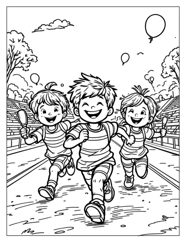 A black and white illustration of children participating in outdoor games and activities for a field day, ready for coloring.

