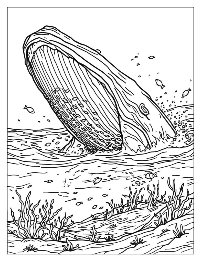 A humpback whale with its huge mouth open, showing baleen plates as it scoops up food.