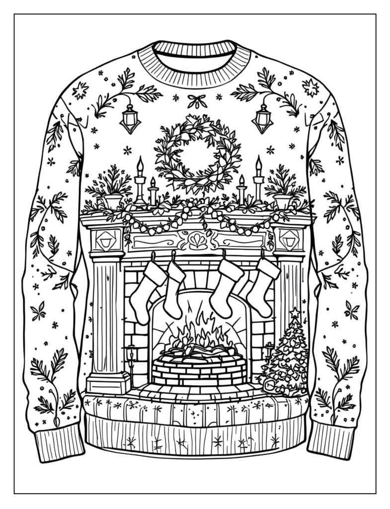 Sweater with an elaborate scene embroidered on the chest that looks like a fireplace mantel decorated with stockings and a wreath.
