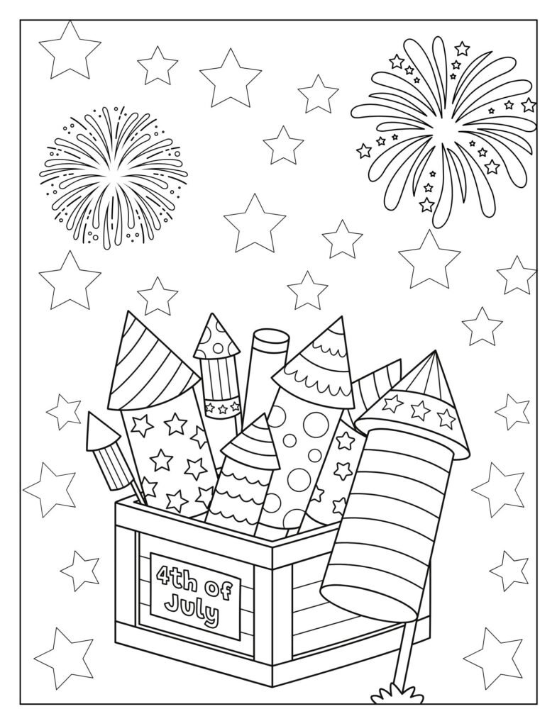  A black and white outline drawing of multiple fireworks exploding in the sky, with the phrase "Fireworks Extravaganza," designed for coloring.