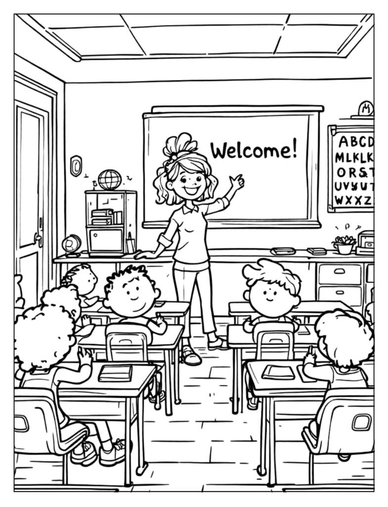 An outline drawing of a child with a backpack, perhaps looking excited or a little nervous, on their first day of school, ready for coloring.