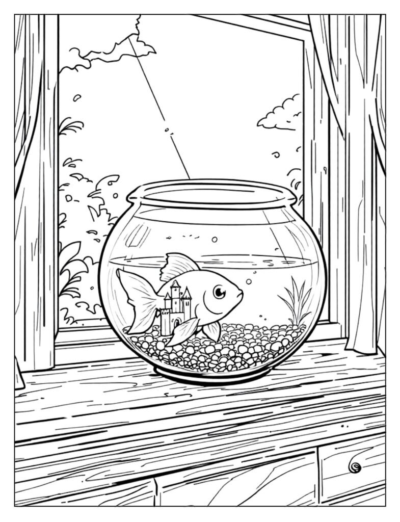 Simple line art of a basic fish aquarium coloring page with three small fish and aquatic plants.