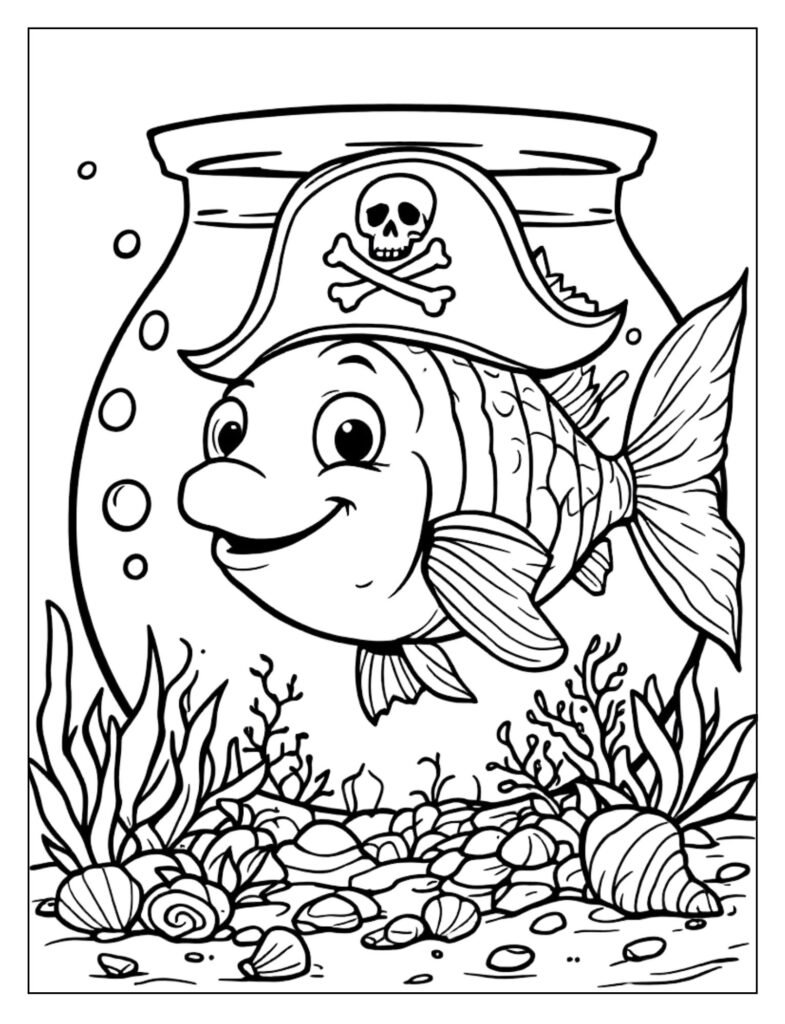 Whimsical aquarium coloring page featuring a cartoon fish comically wearing an oversized big hat.