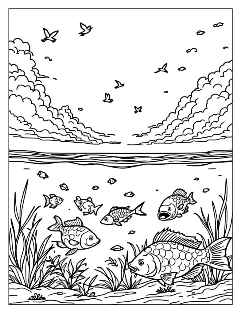 Birds flying above and fish swimming below.