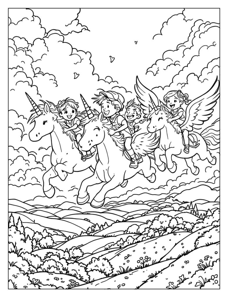 Students and unicorns learning to fly together coloring page

