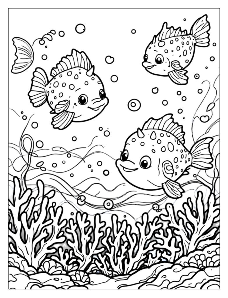 Group of floating puffer fishes in water coloring