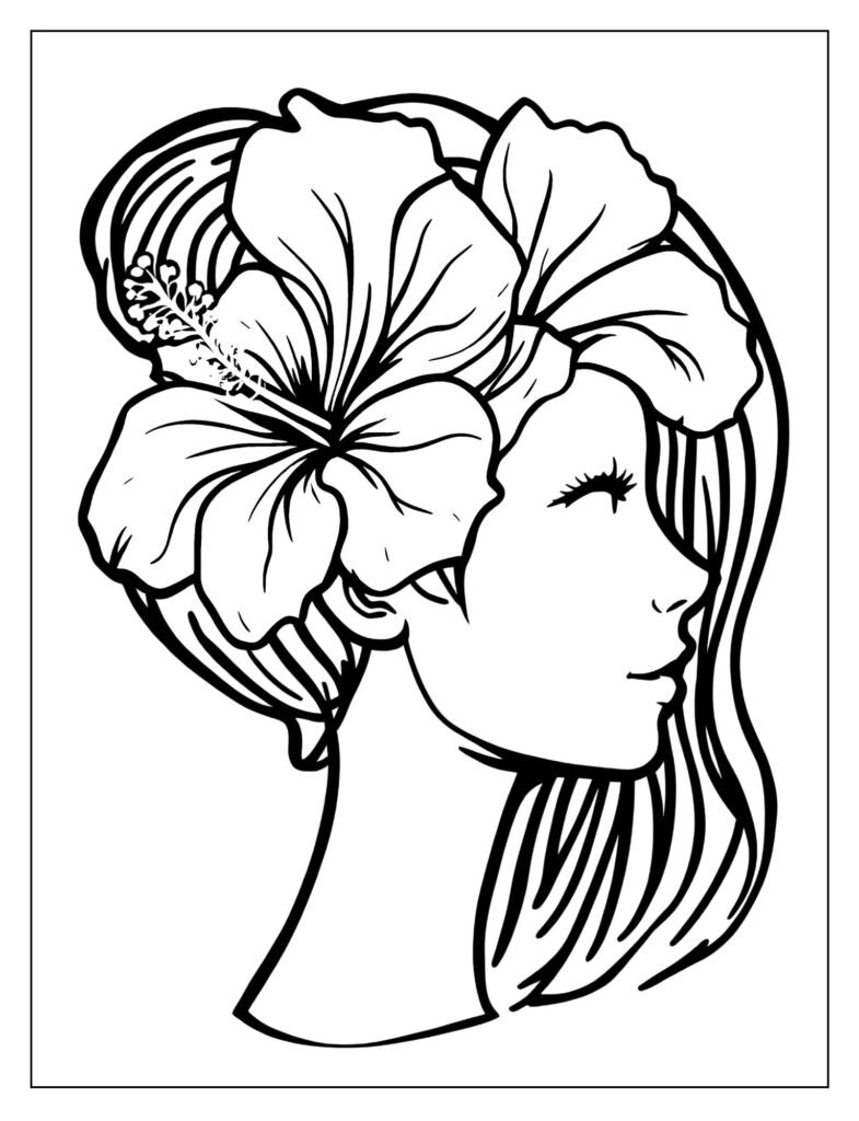 Simple profile of a person's head wearing a large, fully-bloomed Hibiscus flower tucked behind one ear.