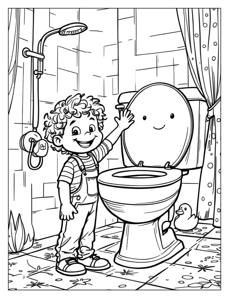 A child pressing the flush button on the toilet.