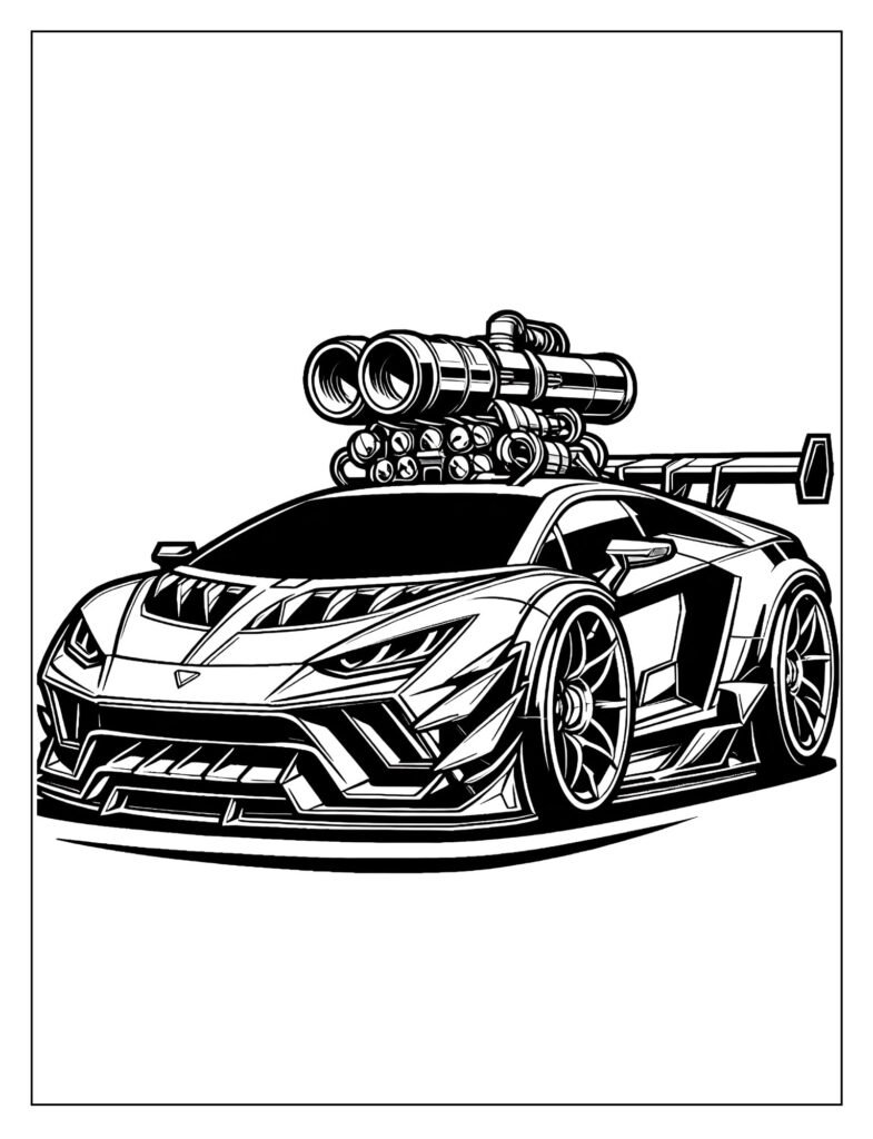 Highly detailed line art of a flying fantasy car with jets or wings, soaring through the sky.