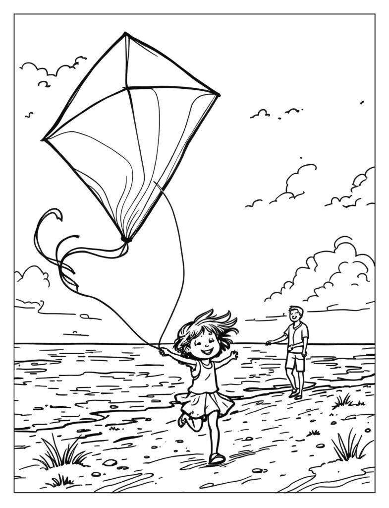 A child running and happily flying a large, colorful kite, with an adult holding the string nearby.