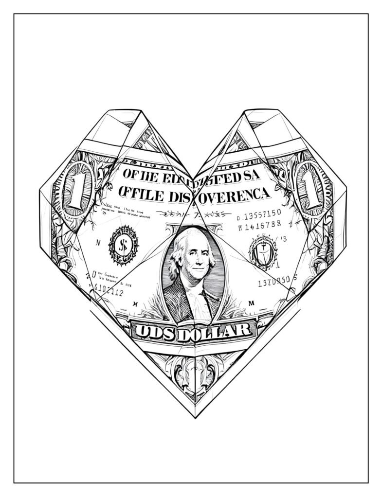 Drawing of a dollar bill that has been creatively folded into the shape of a heart.