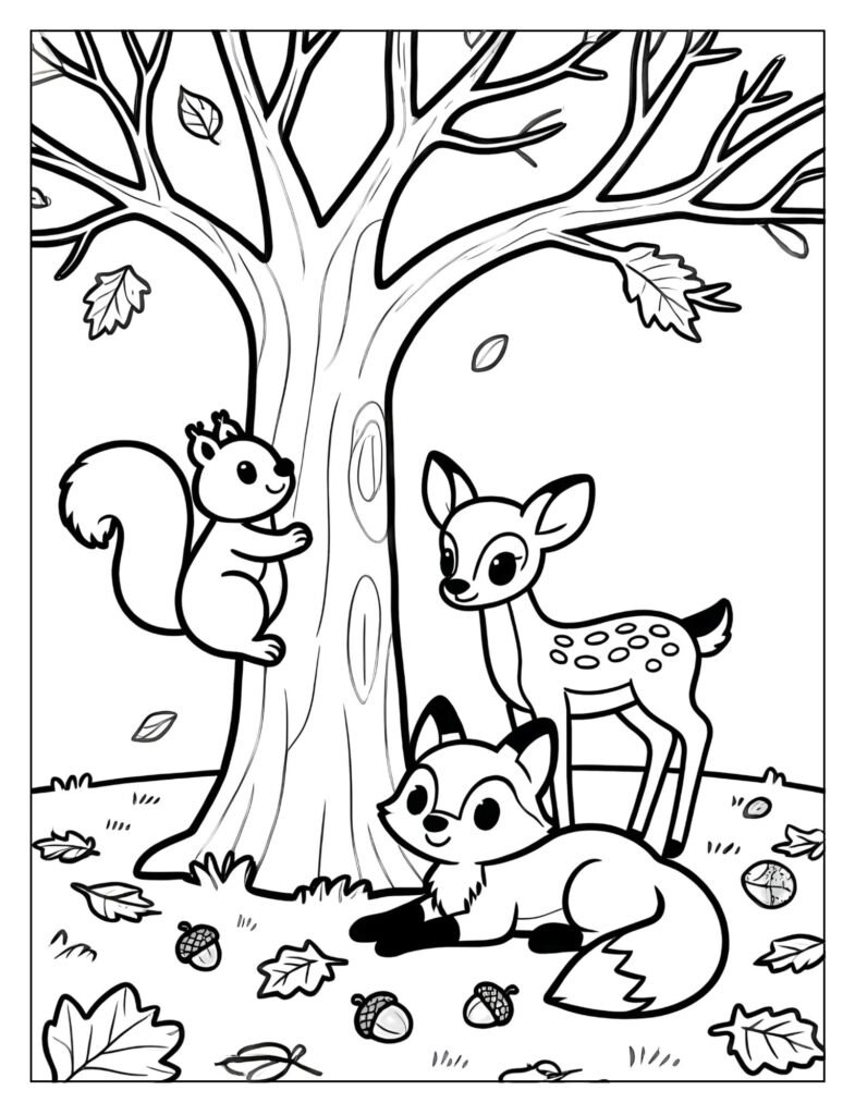 A squirrel, a deer, and a fox standing under a tree in the fall.