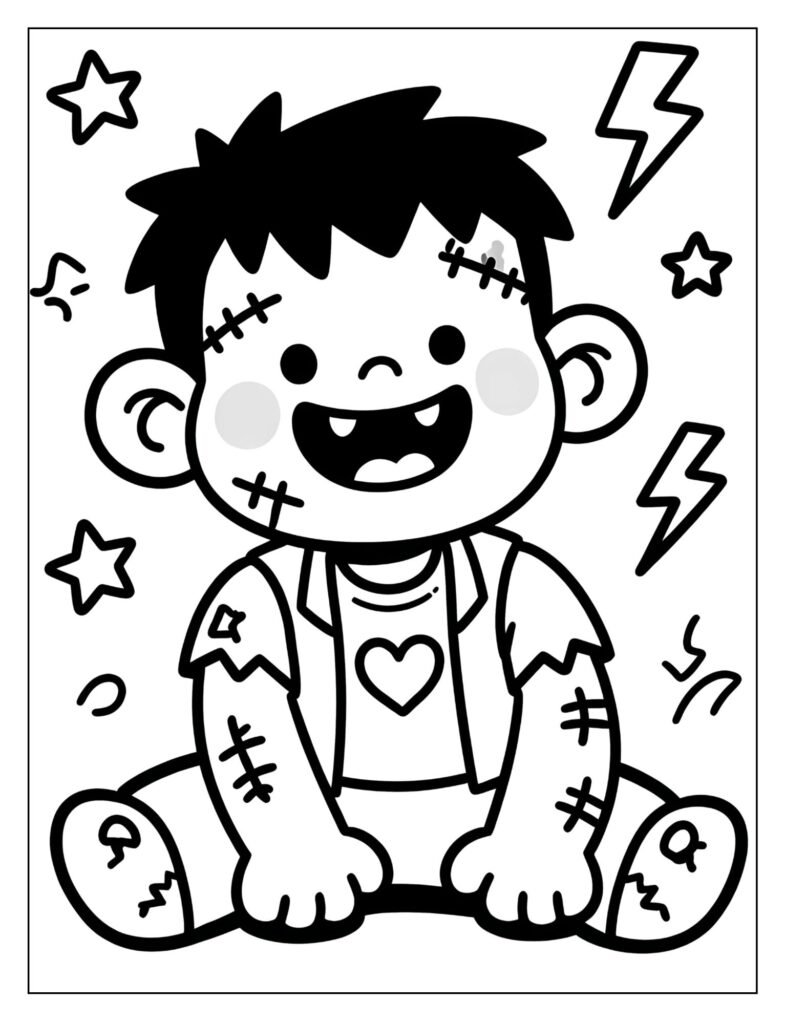 A friendly Frankenstein's monster with stitches and a smile.