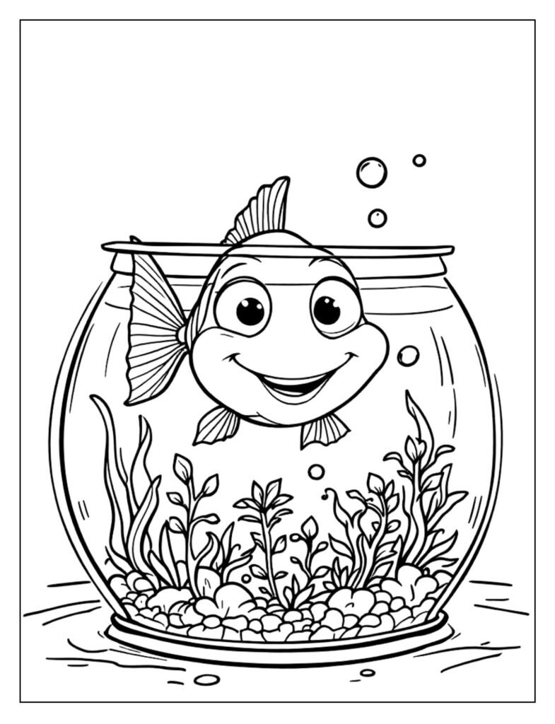 Classic line art of a heavily planted freshwater aquarium with guppies, swordtails, and simple plants.