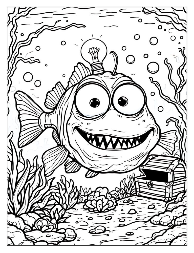 Soft, cartoon line art of a Friendly Angler Fish with a soft smile and gentle eyes, a non-scary version.