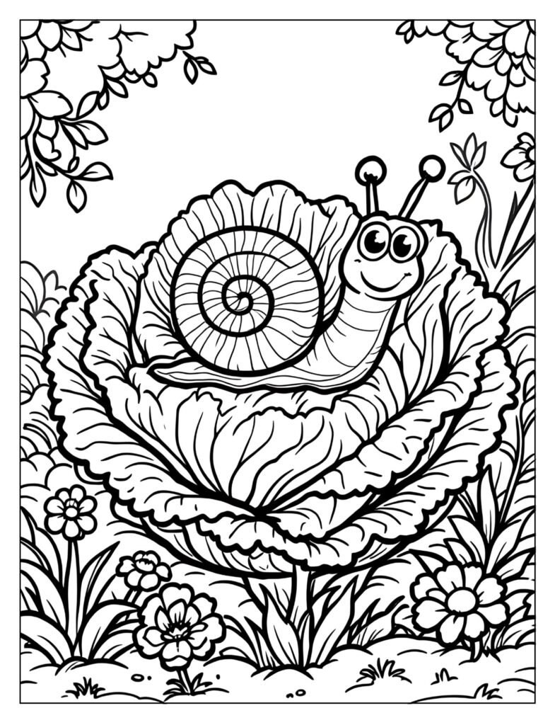 Friendly garden snail on a leafy cabbage coloring page
