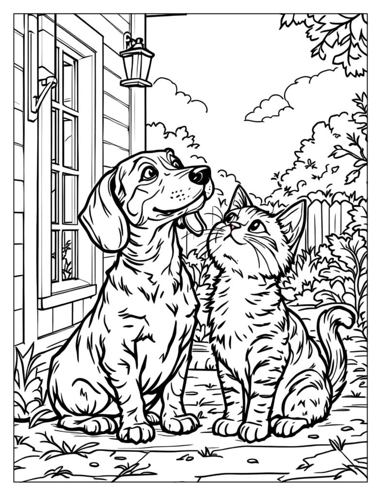 Friendly dog and cat playing together coloring page
