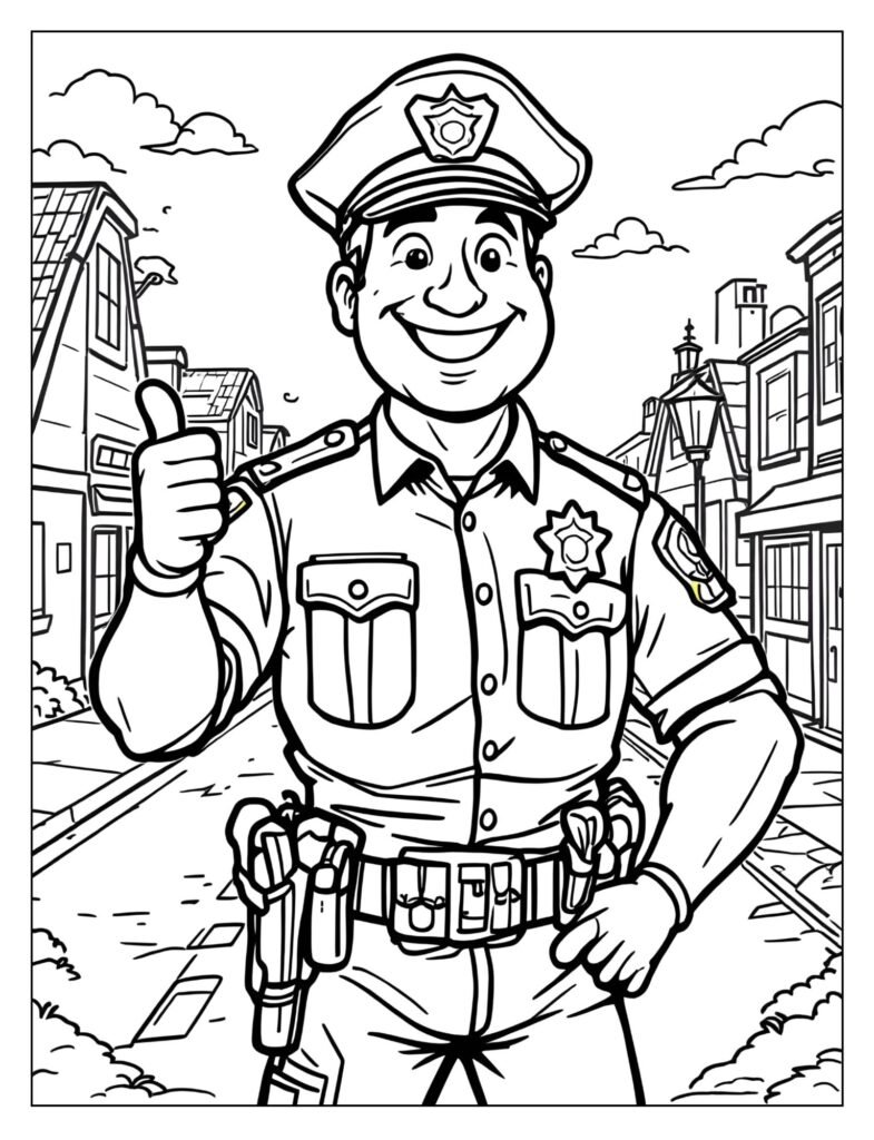 A friendly police officer in full uniform standing and giving a thumbs-up gesture.
