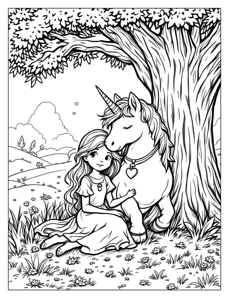 Student and unicorn sharing special moment together coloring page

