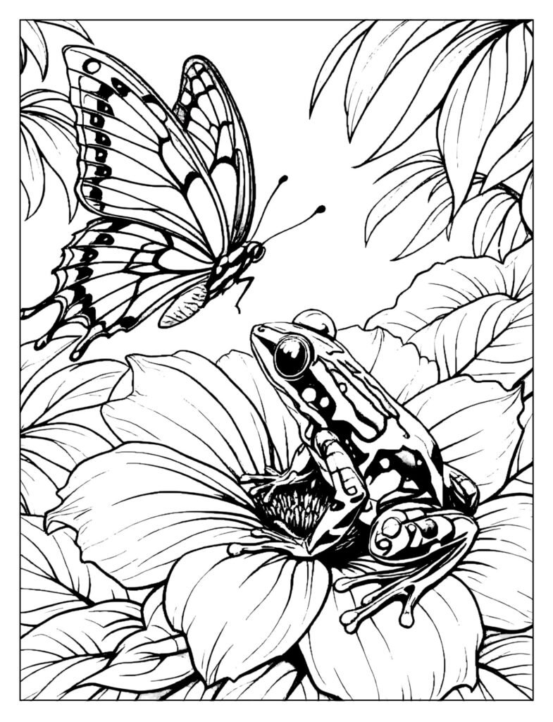 Brightly colored poison dart frog sitting calmly on a flower, observing a large, patterned tropical butterfly fluttering nearby.