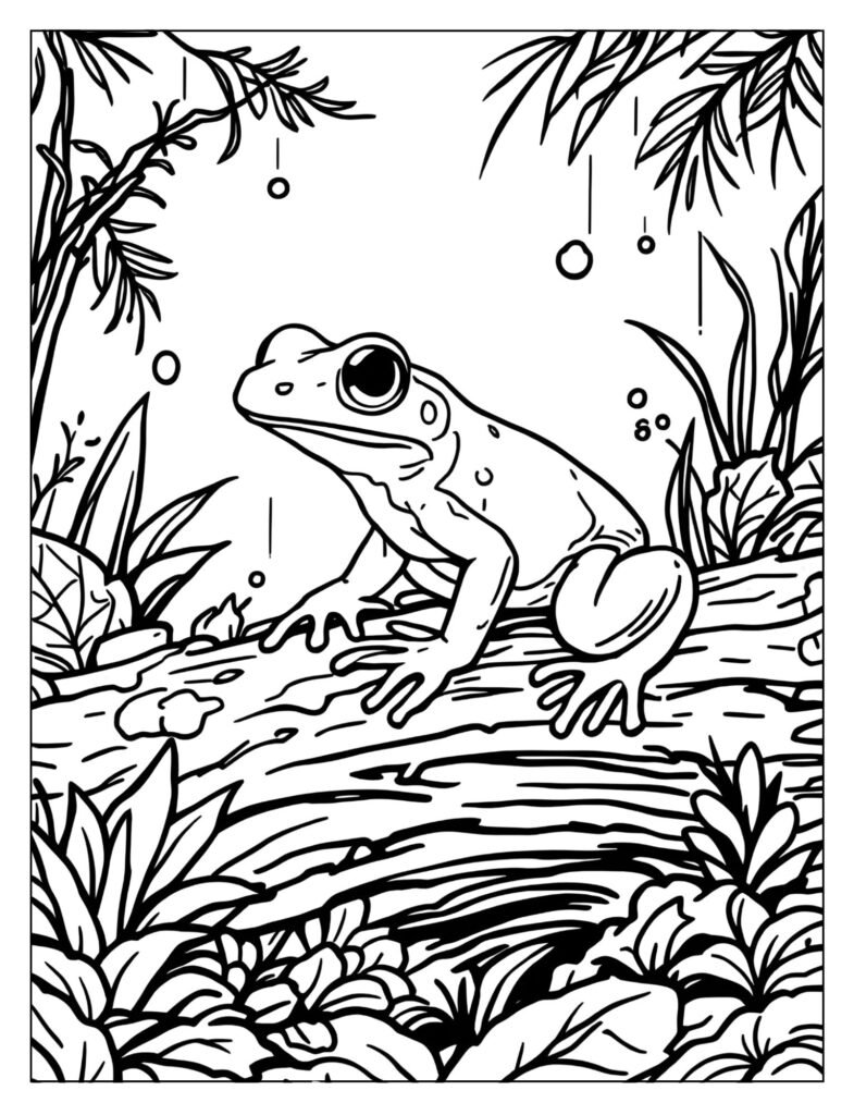 Tiny poison dart frog perched on a rough, textured, moss-covered log in a humid rainforest setting.