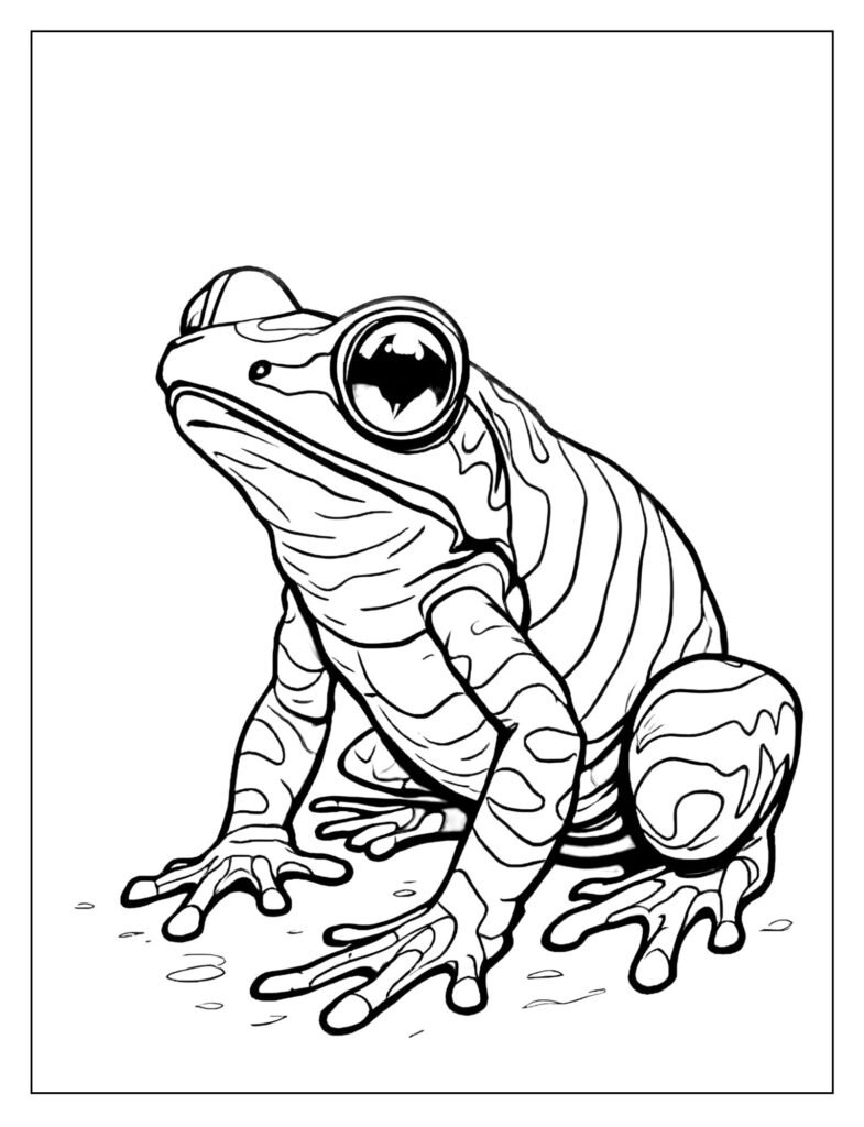 Whimsical, cartoon drawing of a poison dart frog with an exaggerated, bold color pattern and a small, shining halo drawn above its head.