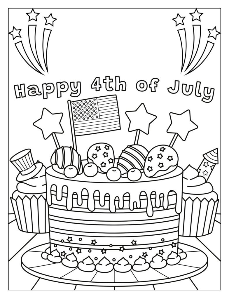 An outline drawing depicting a cupcake or other treat with "Frosted with Fun" text, featuring patriotic elements for coloring.