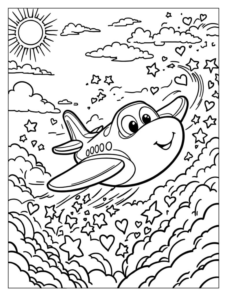 Cartoon airplane with trail of stars coloring page