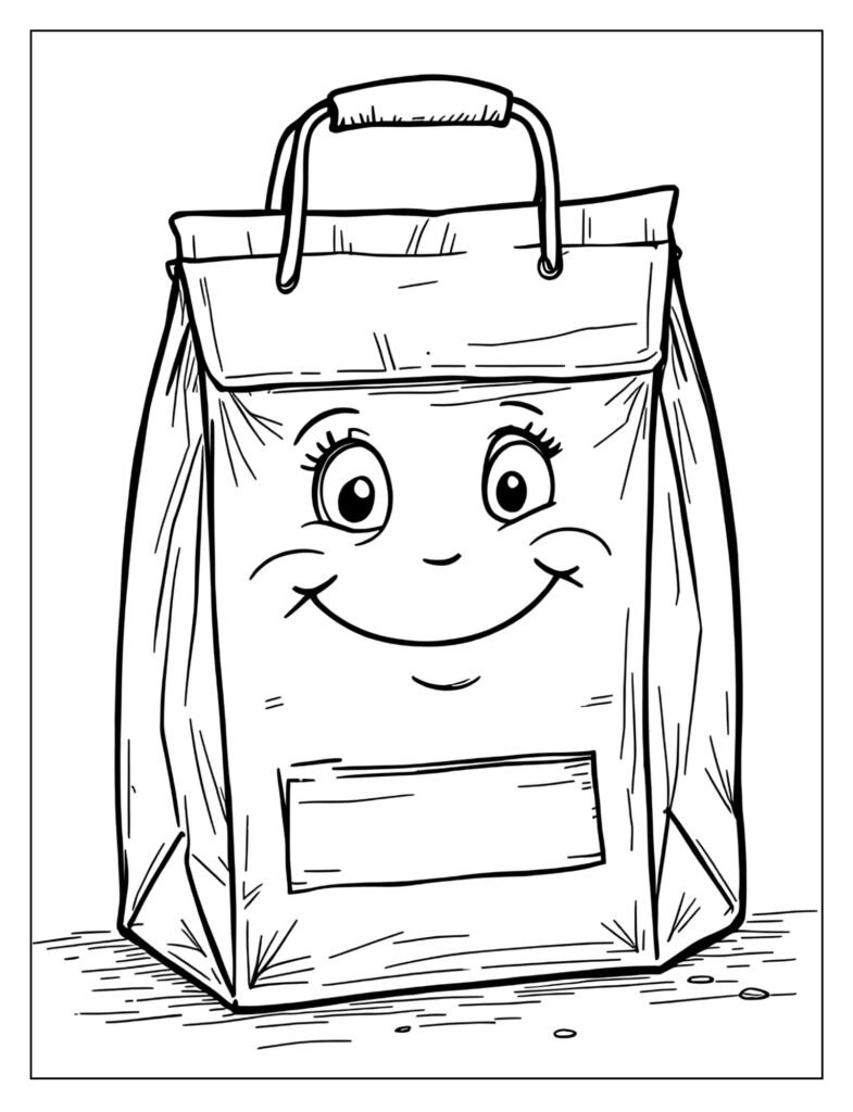 A paper lunch bag with a happy face drawn on it.