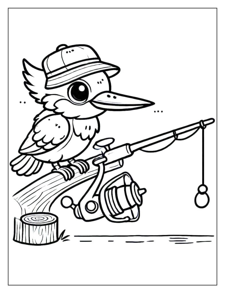 A humorous image of a kingfisher bird perched on a fishing rod, seemingly attempting to catch a fish.