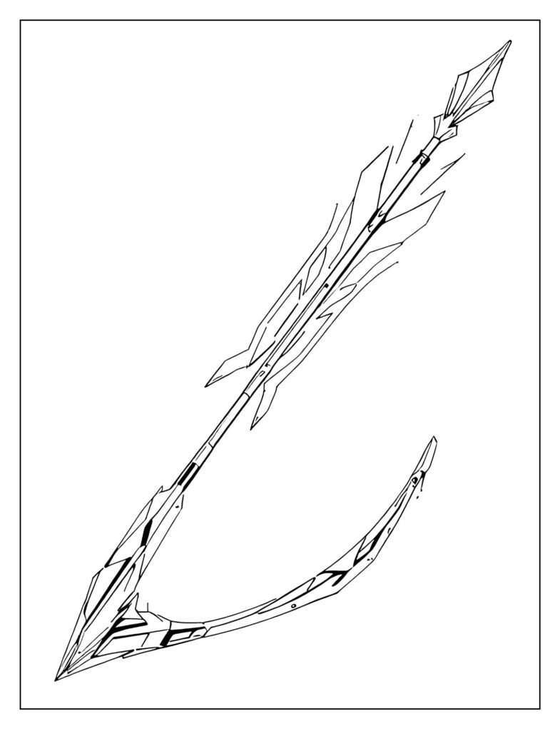 Highly stylized, sleek futuristic bow with glowing lines and a modern, high-tech arrow.