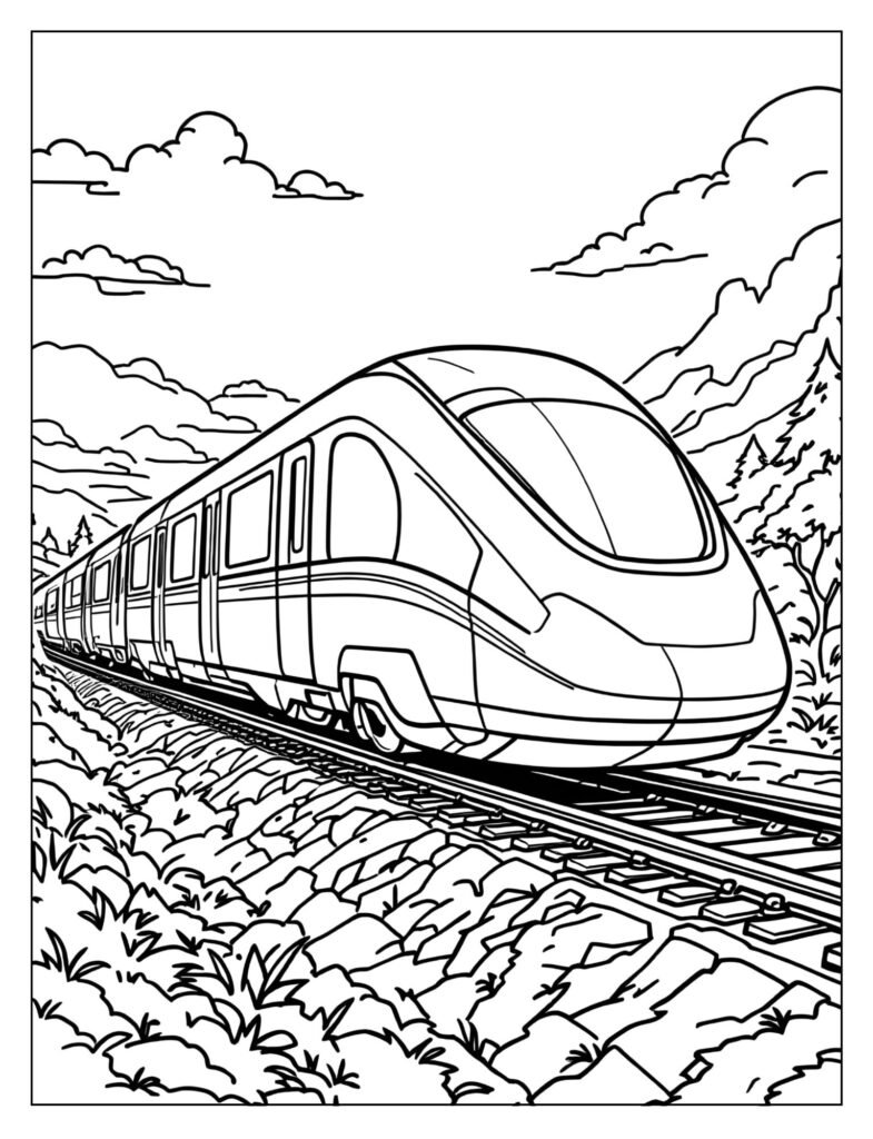 A sleek, low-profile Maglev bullet train hovering above its track.