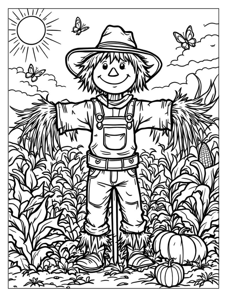 Friendly scarecrow guarding a vegetable patch coloring page
