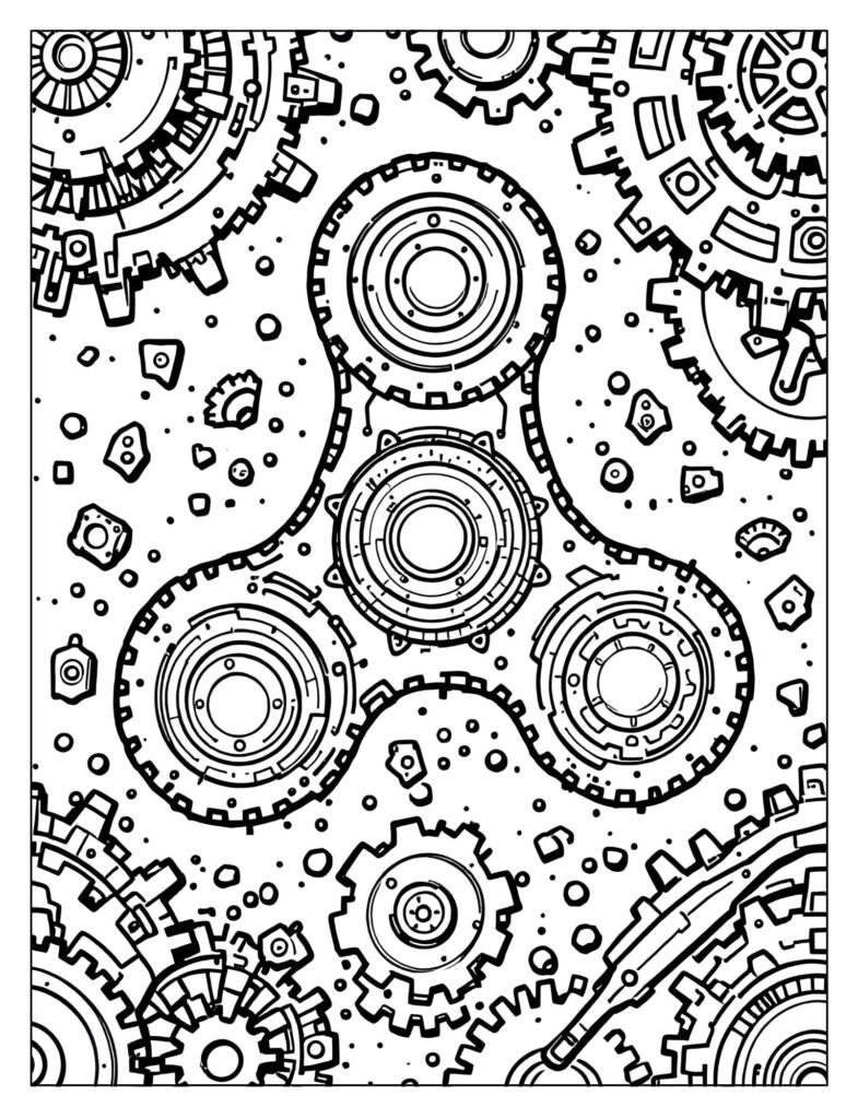 Fidget spinner with three arms made of interconnected mechanical gear cogs.