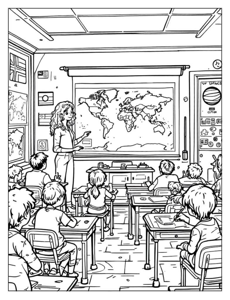 A line art drawing of a geography classroom with globes and maps, ready for coloring.
