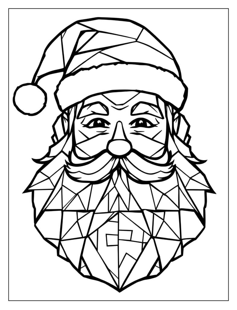 Highly stylized drawing of Santa's head where his beard, hat, and face are broken up into large, simple geometric shapes.
