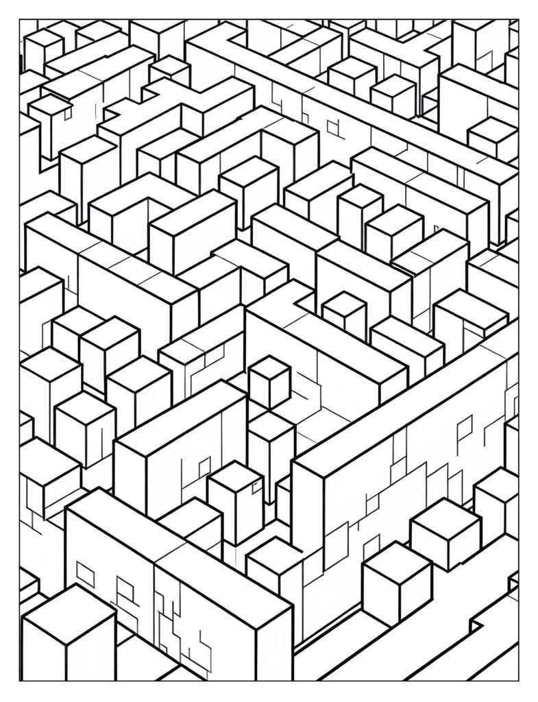 Drawing where the ground and ceiling blocks are formed into a complex, simple maze structure, with the player cube starting at the entrance.