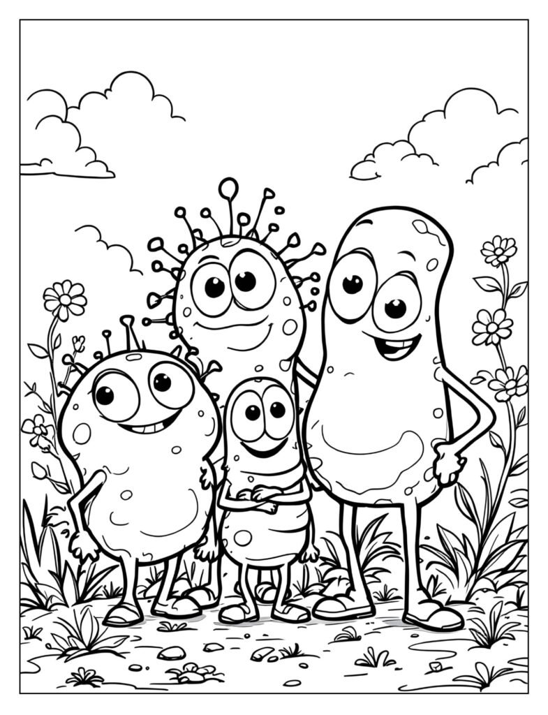 A group of different-shaped cartoon germs standing together for a funny family photo.