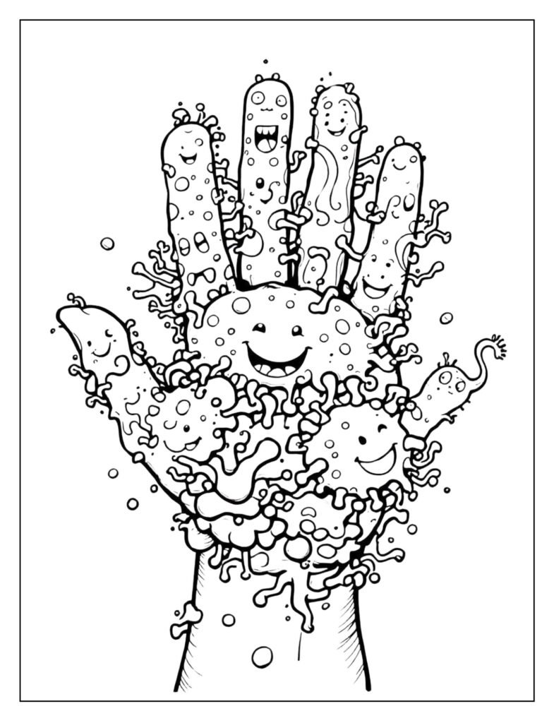 Close-up view of a child's hand with many tiny, cartoon germs clinging to the fingers and palm.